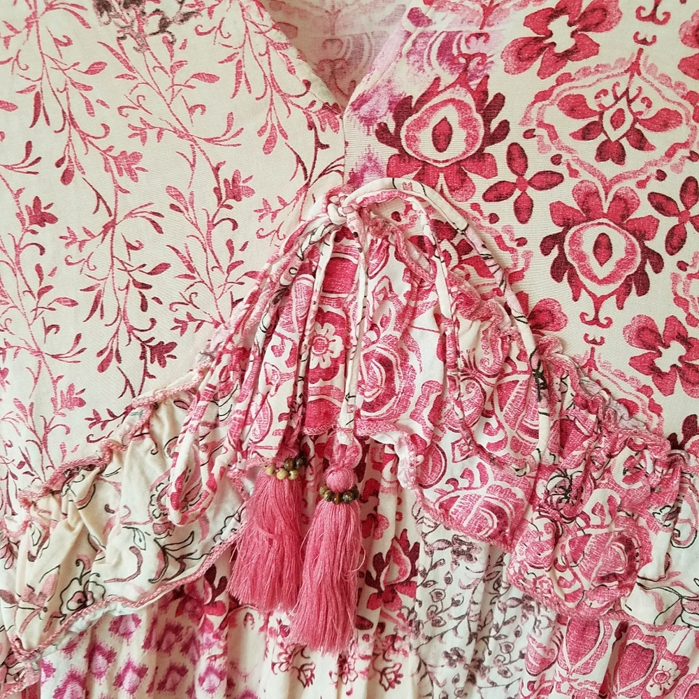 Zara Pink Floral V- Neck Tassel Boho Oversize Tunic Mini Dress Size Medium - Picture 7 of 13